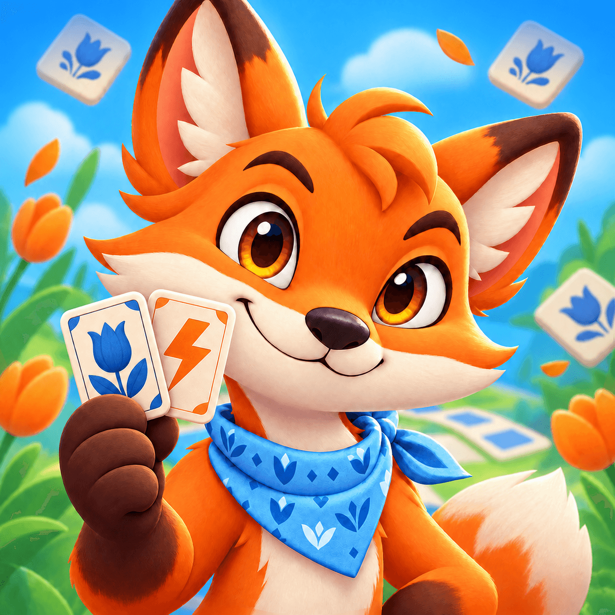 Flip, the orange KaBoo fox, holding a blue tulip card and an orange lightning card